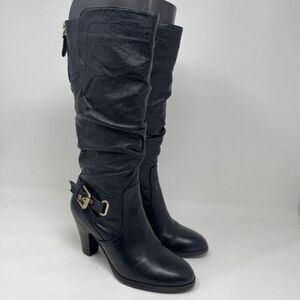Guess Womens Mallay Tall Moto Boots Zipper Buckle Details Leather Black US 6.5